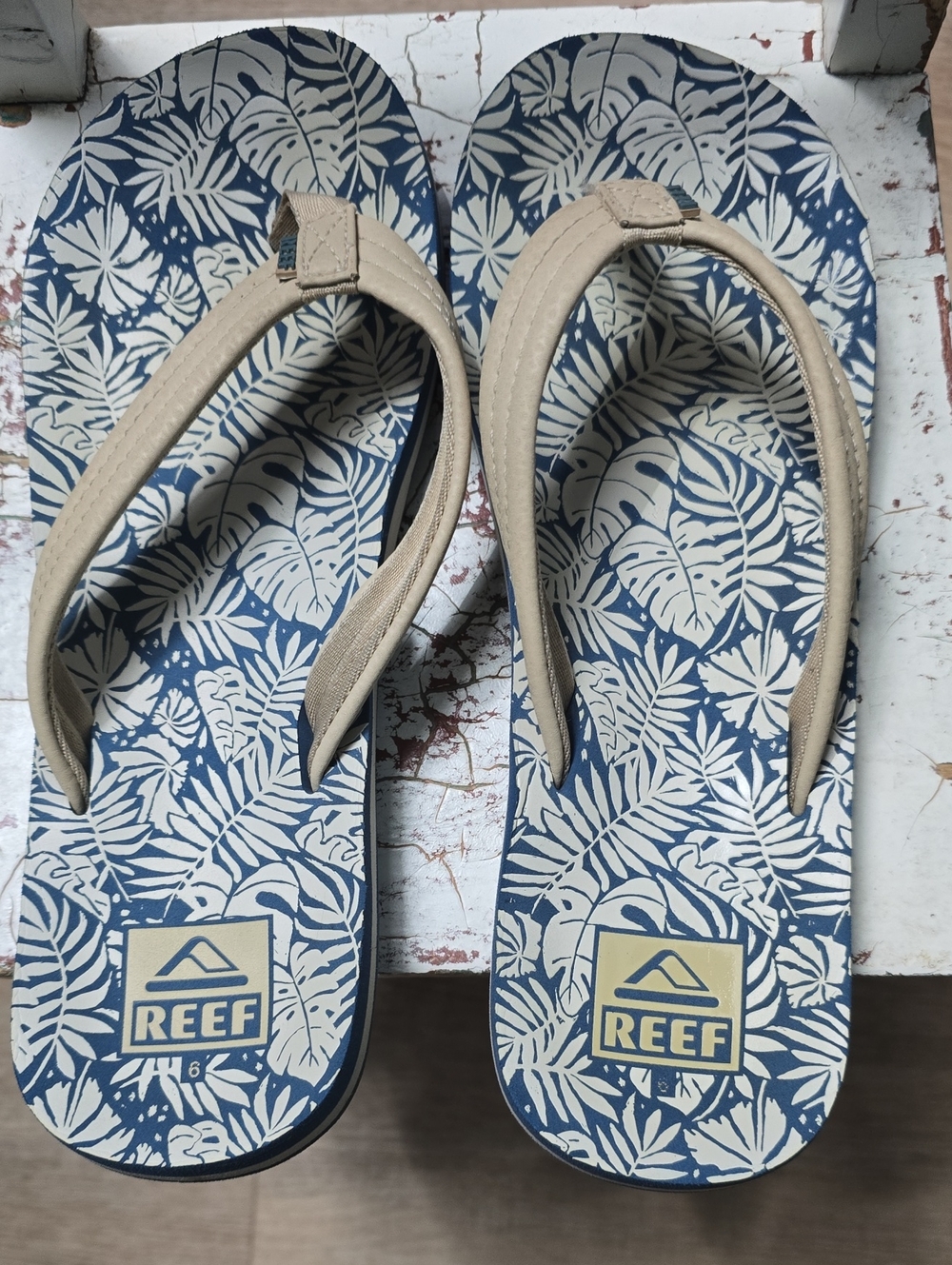 Reef Blue and Cream Tropical Leaf Flip Flops